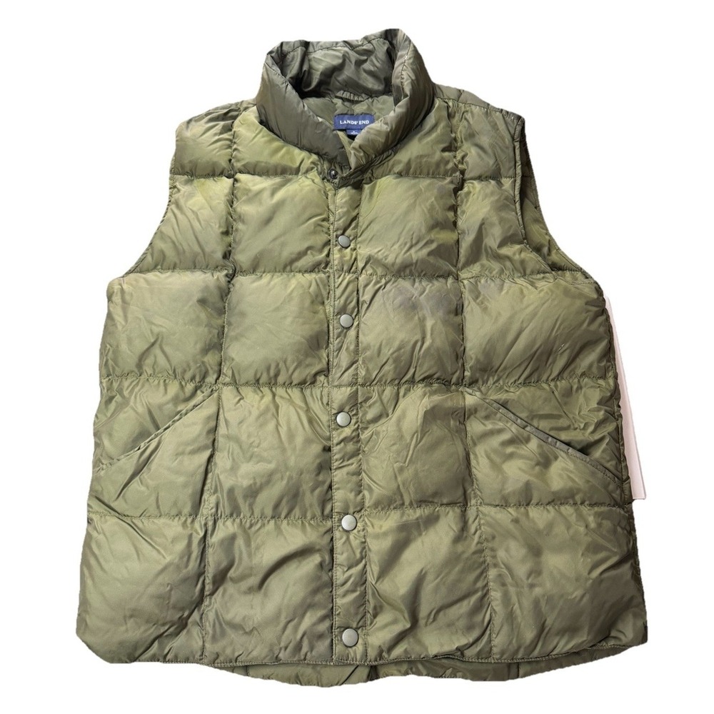 Lands End Mens Olive Green Down Puffer‎ Vest Quilted Snap Front Size M 38-40